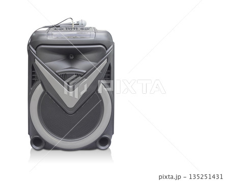 front view black and grey speaker with wired mic on white background, object, decor, technology, electric, copy space 135251431