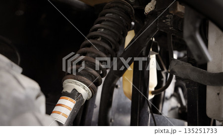 Old car suspensions. Close up car suspension wear and tear parts. CV joint Rubber boot and Control arms bushing Steering rack axles Shock absorber Brake exhaust. Gas Diesel car service repair parts. Old car suspensions. Close up car suspension wear and tear parts. CV joint Rubber boot and Control arms bushing Steering rack axles Shock absorber Brake exhaust. Gas Diesel car service repair parts. 135251733