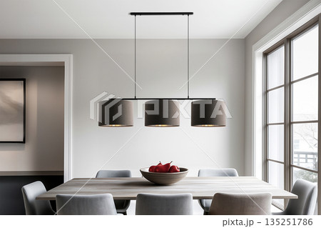 Modern dining room with stylish pendant lights and elegant wooden table design concept Modern dining room with stylish pendant lights and elegant wooden table design concept 135251786