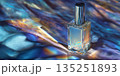 Elegant perfume bottle mock-up on iridescent fabric with copy space for design purposes 135251893