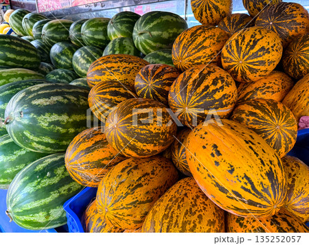 Fresh watermelons and striped melons stacked at a local market stall. Seasonal harvest abundance, food supply, agriculture diversity and natural nutrition in everyday retail environment. 135252057