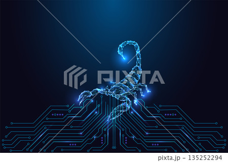 Glowing low-poly scorpion above circuit board lines. Cybersecurity threats Vector illustration Glowing low-poly scorpion above circuit board lines. Cybersecurity threats Vector illustration 135252294