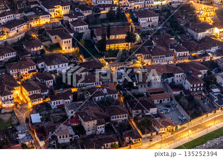 Night view of Gorica old town with highlighted white Ottoman houses, stone architecture and atmospheric historic streets, Berat, Albania 135252394