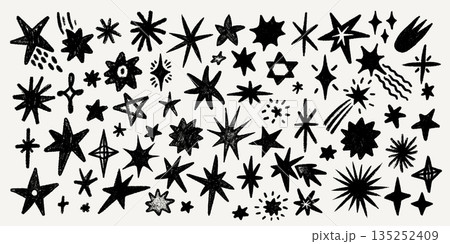 Huge Crayon star collection with black sketch texture, hand drawn doodle stars, comets and spark shapes in chalk. Crayon star illustration with sketch texture. Great for posters, stickers, prints. Huge Crayon star collection with black sketch texture, hand drawn doodle stars, comets and spark shapes in chalk. Crayon star illustration with sketch texture. Great for posters, stickers, prints. 135252409