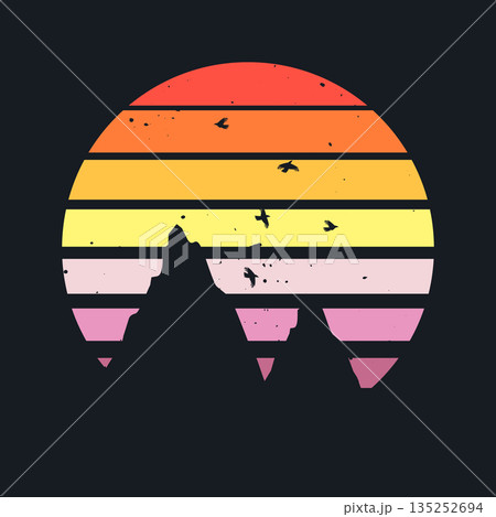 Grunge vintage sunset. Colorful striped sunrise badge in 80s and 90s style. Sun and ocean view, summer vibes, surfing. Design element for print, logo or t-shirt. Vector illustration 135252694