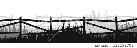 Meadow silhouettes with grass and old wooden fence. Countryside, panoramic summer lawn rural landscape with herbs, weeds. Herbal border, frame element. Black horizontal banners. Vector illustration 135252703