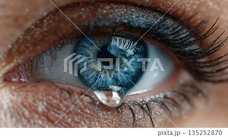 Close-up of a tearful blue eye with detailed eyelashes and textured skin showing emotions, reflecting feelings of sadness 135252870