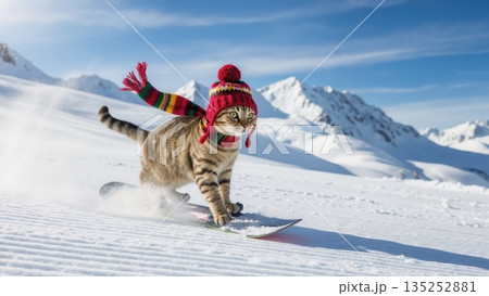 A funny tabby cat in a red hat and scarf snowboarding down a snowy mountain. An adorable pet enjoying winter sports on a sunny day. Humorous animal adventure concept 135252881