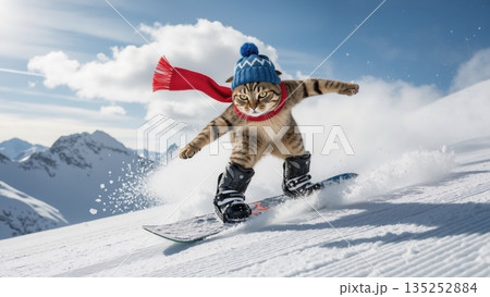 Tabby cat snowboarding on a snowy mountain slope. Funny cute pet wearing a blue hat and red scarf riding a snowboard. Winter sport and humor concept Tabby cat snowboarding on a snowy mountain slope. Funny cute pet wearing a blue hat and red scarf riding a snowboard. Winter sport and humor concept 135252884