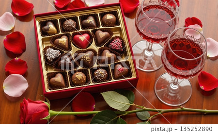 Box of heart shaped chocolates and two glasses of red wine. Romantic Valentine's Day composition with roses and petals on wooden table. Love and anniversary celebration concept Box of heart shaped chocolates and two glasses of red wine. Romantic Valentine's Day composition with roses and petals on wooden table. Love and anniversary celebration concept 135252890