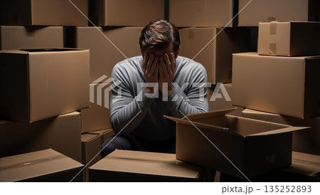 Stressed man overwhelmed by moving boxes. Exhausted person sitting with head in hands during relocation. Frustration and life crisis concept 135252893