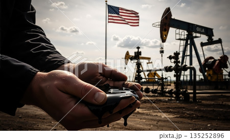 A worker's hands holding crude oil in an American oil field with pumpjacks. The USA flag symbolizes the fossil fuel and energy production industry A worker's hands holding crude oil in an American oil field with pumpjacks. The USA flag symbolizes the fossil fuel and energy production industry 135252896