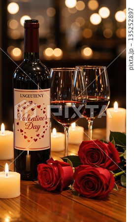 Red wine bottle with Valentine's Day label and two glasses. Romantic candlelight dinner with red roses on wooden table. Vertical photo of love celebration Red wine bottle with Valentine's Day label and two glasses. Romantic candlelight dinner with red roses on wooden table. Vertical photo of love celebration 135252897
