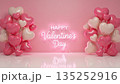Happy Valentine's Day neon sign on pink wall. Bunches of glossy heart balloons with reflection on floor. Romantic holiday background 3D illustration 135252916