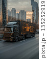 A futuristic black semi-truck with a glowing digital data display on its trailer. Vertical photo of an autonomous vehicle on a highway in a modern city. Smart logistics and transportation technology 135252919