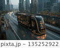 A futuristic autonomous truck driving on a highway in a modern city. Sleek black semi-trailer with glowing digital data displays. Future of logistics and transportation technology concept 135252922