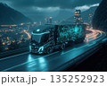 A futuristic autonomous truck with glowing digital data on a highway at night. Advanced logistics and transportation technology concept in a smart city 135252923