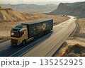 Futuristic semi-truck with a high-tech graphic on the trailer driving on a desert highway. Advanced logistics and the future of transportation concept 135252925