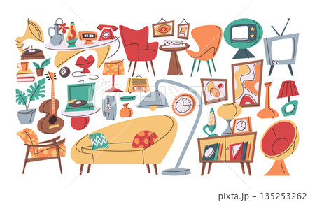 Set of retro room furniture and home interior hand drawn design elements with vibrant colors Set of retro room furniture and home interior hand drawn design elements with vibrant colors 135253262