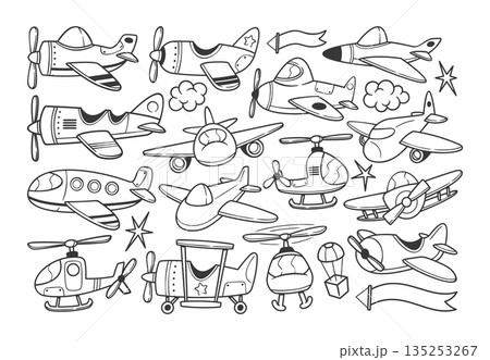 Doodle aircraft vehicles set including biplanes, jets and choppers in sketchy doodle style Doodle aircraft vehicles set including biplanes, jets and choppers in sketchy doodle style 135253267