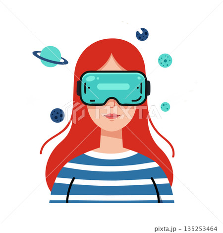 Woman with virtual reality headset exploring space and planets in digital illustration 135253464