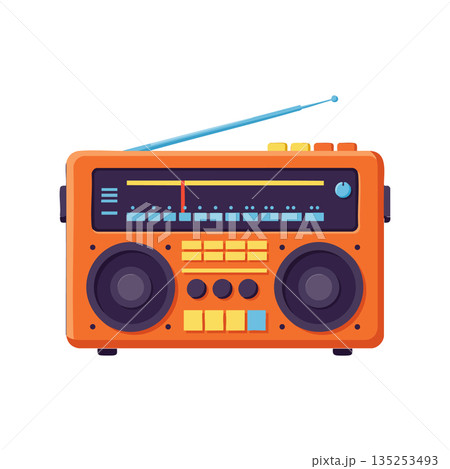 Vintage orange radio with blue antenna and black speakers vector illustration 135253493