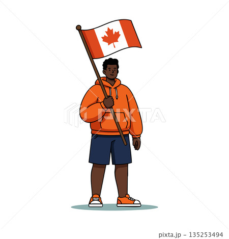 Young man holding Canada flag wearing orange hoodie and shorts vector illustration Young man holding Canada flag wearing orange hoodie and shorts vector illustration 135253494
