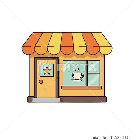 Coffee shop storefront with orange and yellow striped awning vector illustration Coffee shop storefront with orange and yellow striped awning vector illustration 135253495