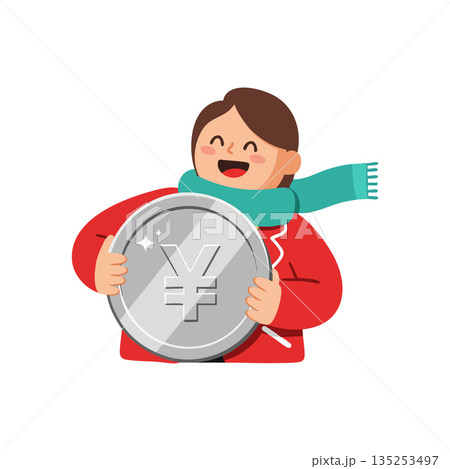 Happy person holding large silver yen coin wearing red jacket and teal scarf vector illustration 135253497