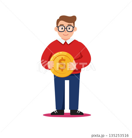 Man holding gold coin with dollar sign wearing red sweater and blue pants vector illustration Man holding gold coin with dollar sign wearing red sweater and blue pants vector illustration 135253516
