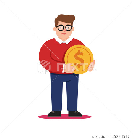 Man Holding Large Gold Coin Symbolizing Money and Finance Vector Illustration 135253517