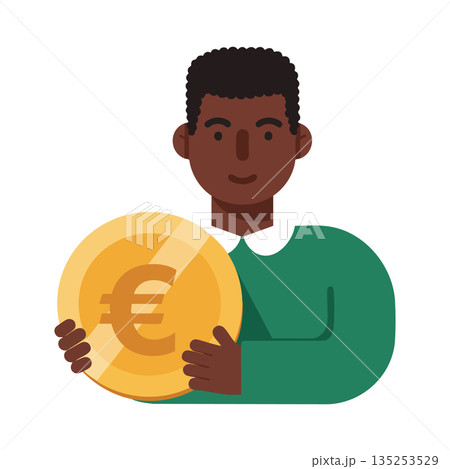 Man holding large euro coin symbol financial concept illustration vector graphic 135253529