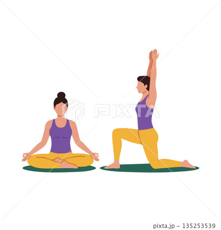 Woman practicing yoga meditation and stretching in purple top and yellow pants vector illustration Woman practicing yoga meditation and stretching in purple top and yellow pants vector illustration 135253539