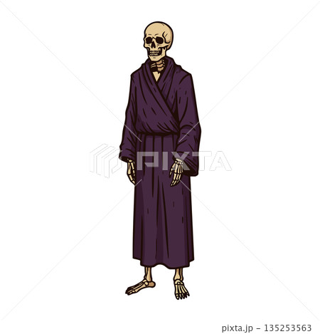 Skeleton wearing dark purple robe standing upright vector illustration for Halloween or gothic themes 135253563