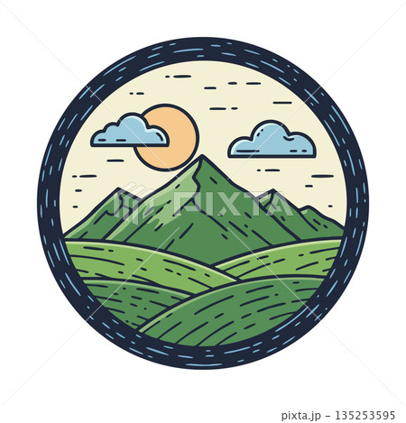 Mountain landscape with green hills sun and clouds circular vector illustration nature scenery 135253595