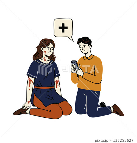 Woman injured with man calling emergency help on phone vector illustration 135253627