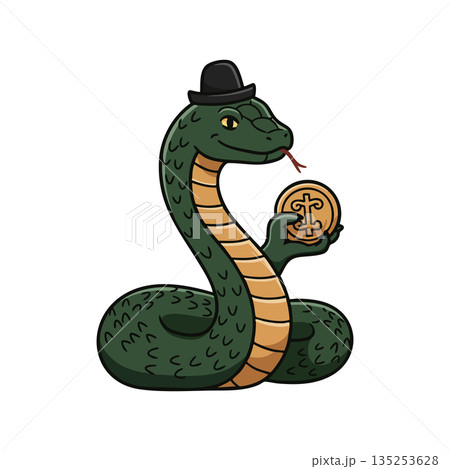 Snake wearing black bowler hat holding ancient coin vector illustration Snake wearing black bowler hat holding ancient coin vector illustration 135253628