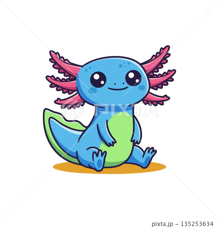 Cute blue and green axolotl cartoon character sitting vector illustration Cute blue and green axolotl cartoon character sitting vector illustration 135253634