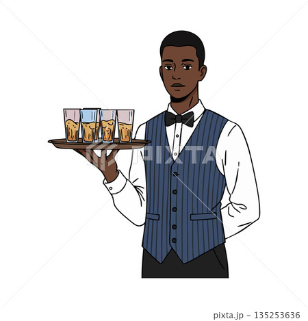Male waiter serving drinks with tray in blue vest and bow tie vector illustration 135253636