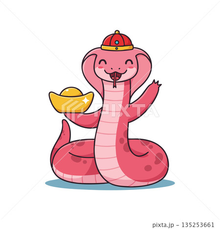 Pink cartoon snake holding gold ingot with traditional Chinese hat vector illustration Pink cartoon snake holding gold ingot with traditional Chinese hat vector illustration 135253661