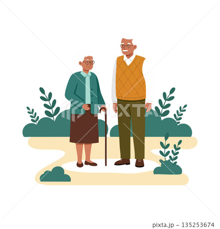 Elderly couple standing outdoors with walking cane in garden vector illustration 135253674
