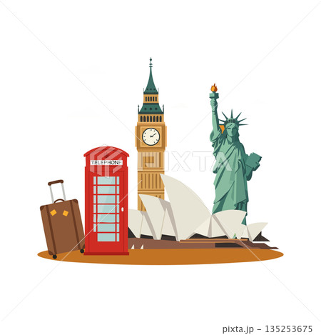 Famous landmarks Statue of Liberty Big Ben London telephone booth and Sydney Opera House travel vector illustration Famous landmarks Statue of Liberty Big Ben London telephone booth and Sydney Opera House travel vector illustration 135253675