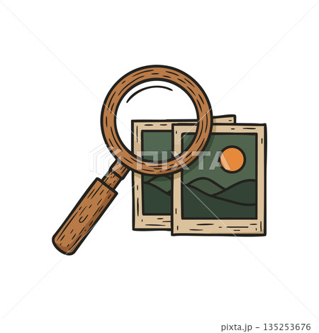 Magnifying Glass with Vintage Landscape Photographs Illustration Vector for Exploration and Detail Discovery 135253676