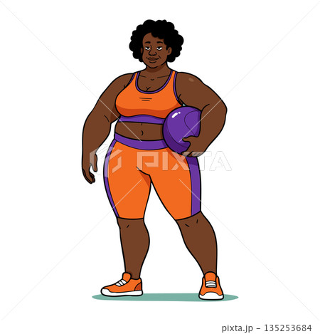 Plus size woman holding purple exercise ball in orange workout clothes vector illustration Plus size woman holding purple exercise ball in orange workout clothes vector illustration 135253684
