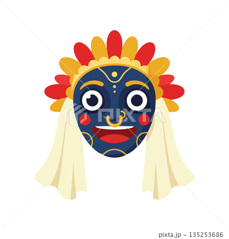 Traditional Indian Kathakali Mask with Yellow Red Flowers and White Veil Vector Illustration 135253686
