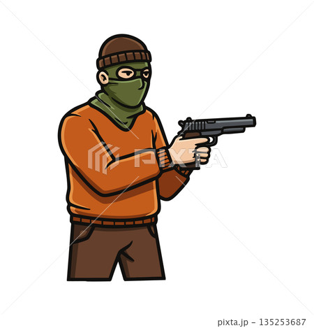 Masked man holding handgun in orange sweater and green scarf vector illustration 135253687