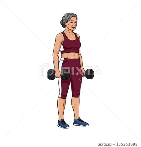 Mature woman exercising with dumbbells in burgundy sportswear standing posture vector illustration Mature woman exercising with dumbbells in burgundy sportswear standing posture vector illustration 135253698