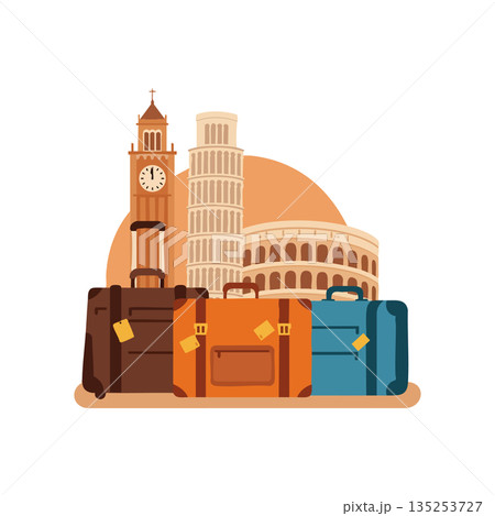 Travel concept with suitcases and famous landmarks leaning tower colosseum clock tower Travel concept with suitcases and famous landmarks leaning tower colosseum clock tower 135253727