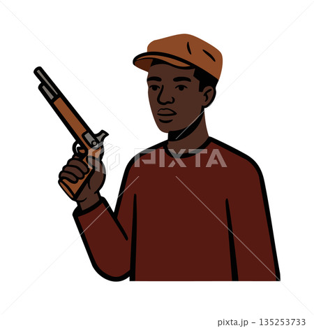 Young man holding pistol vector illustration in brown sweater and cap 135253733