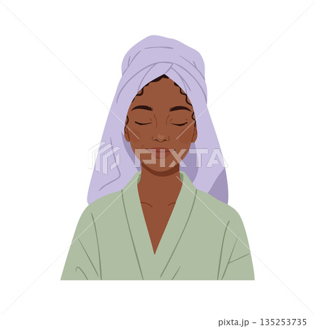 Woman with towel wrapped on head and robe relaxing eyes closed vector illustration 135253735